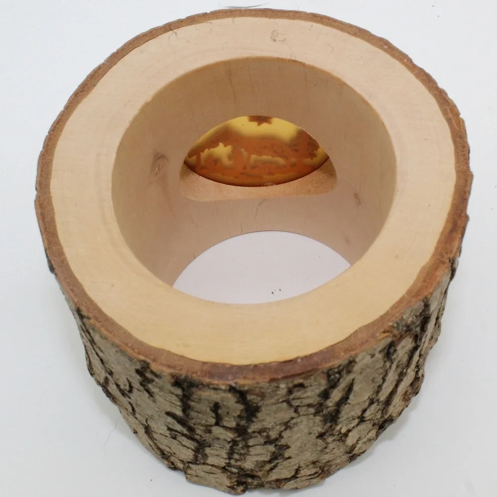 Unbranded Nativity Log Candle Holder Unisex Medium Brown Good Rustic Wood Bark